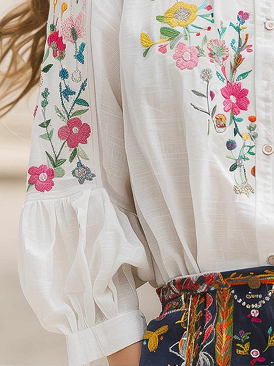 The Anya™ | Artisan Floral Embroidered Linen Shirt