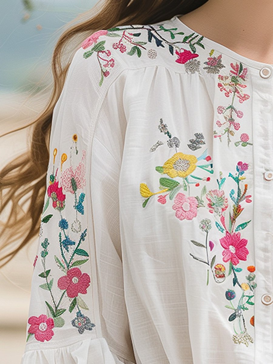 The Anya™ | Artisan Floral Embroidered Linen Shirt