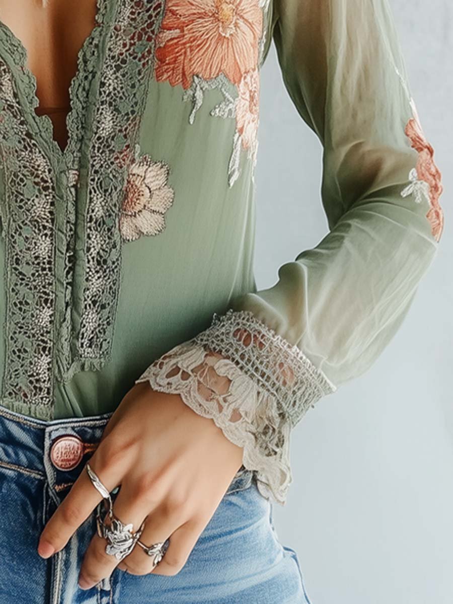 The Isla™ | Vintage Sage Floral Lace Blouse