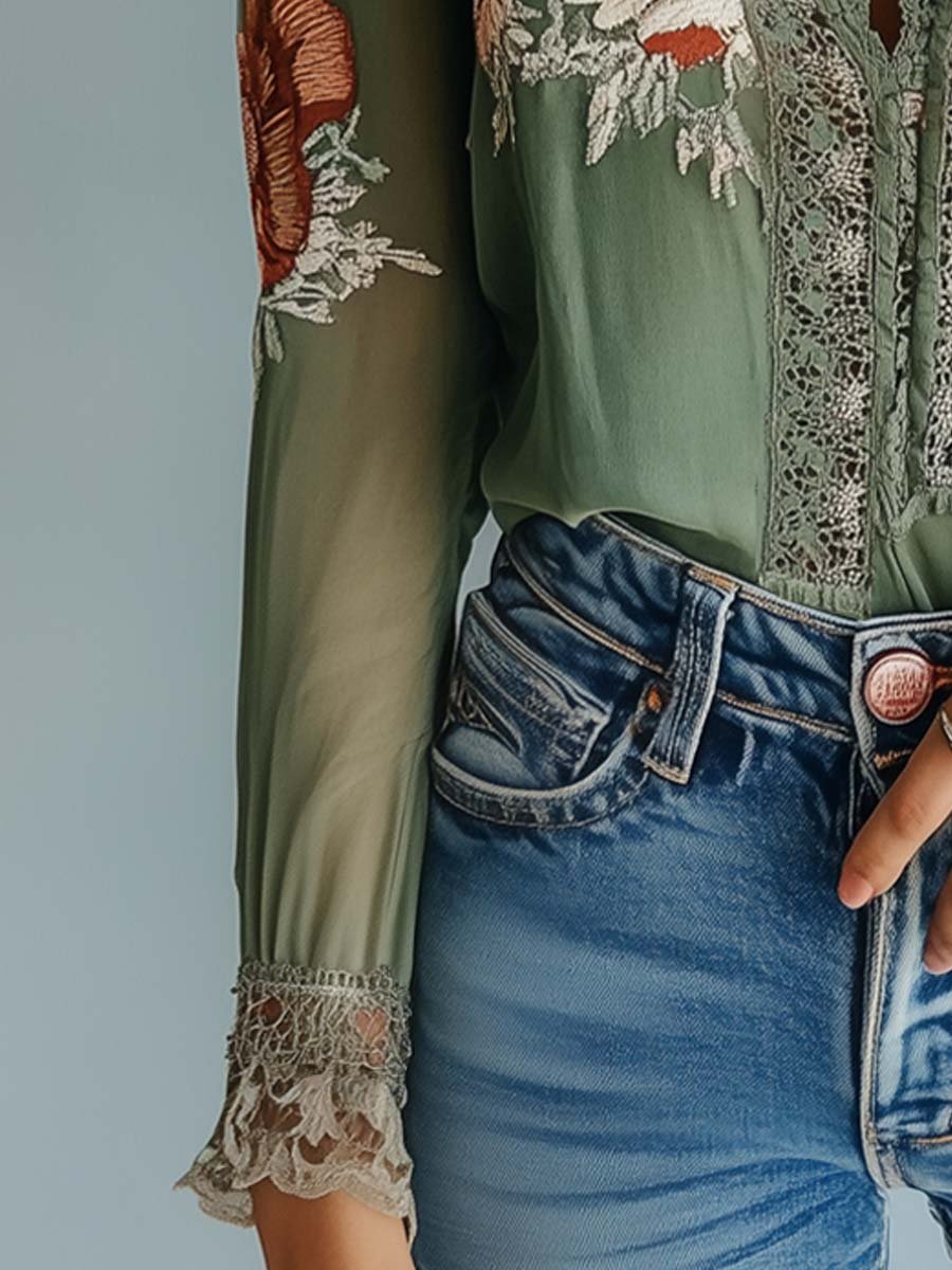 The Isla™ | Vintage Sage Floral Lace Blouse
