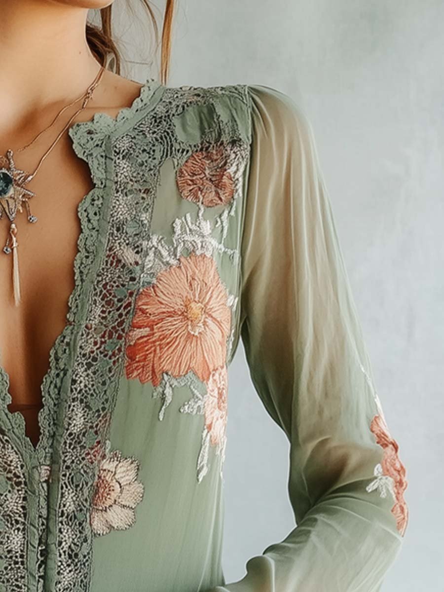 The Isla™ | Vintage Sage Floral Lace Blouse