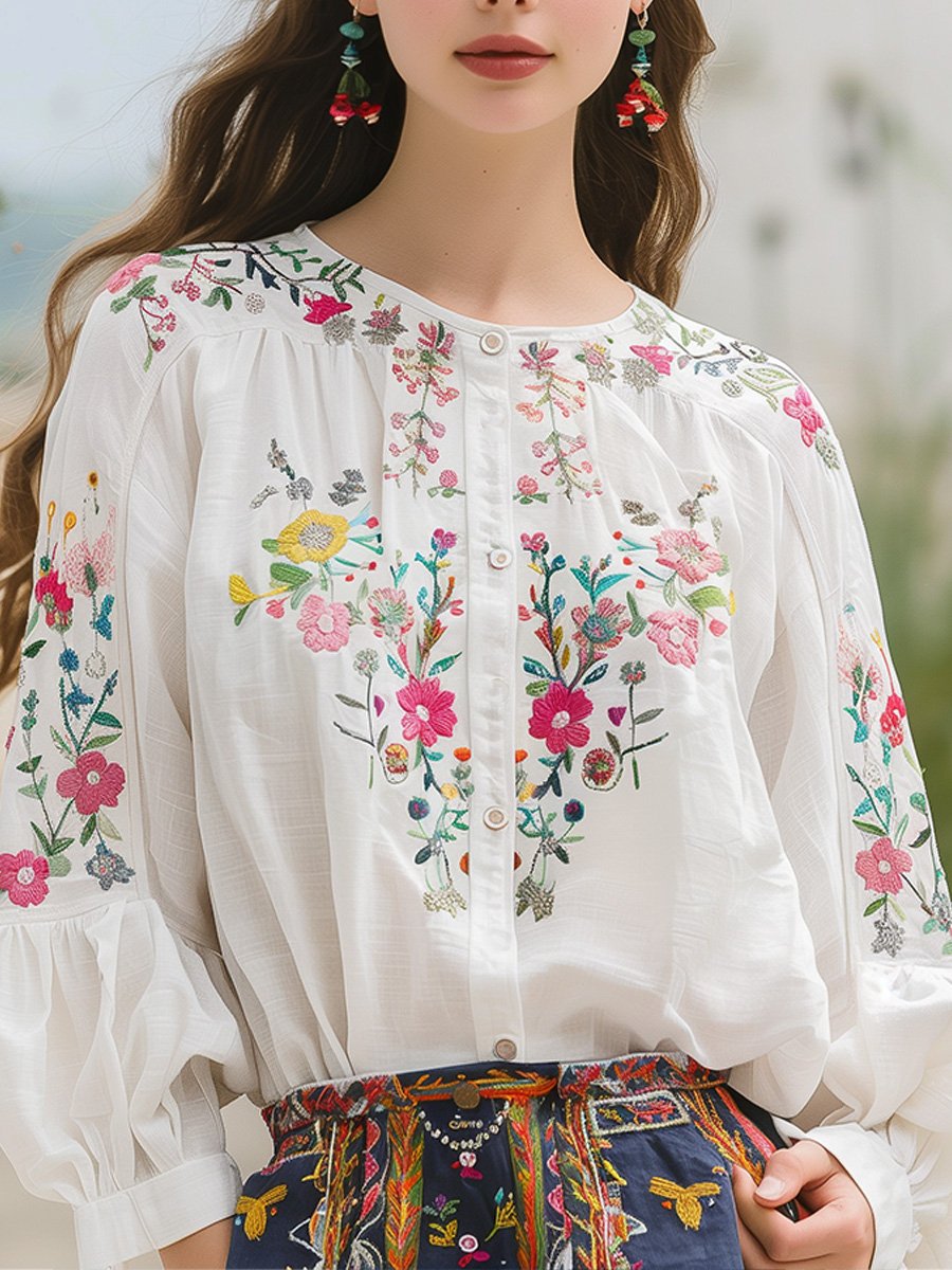 The Anya™ | Artisan Floral Embroidered Linen Shirt