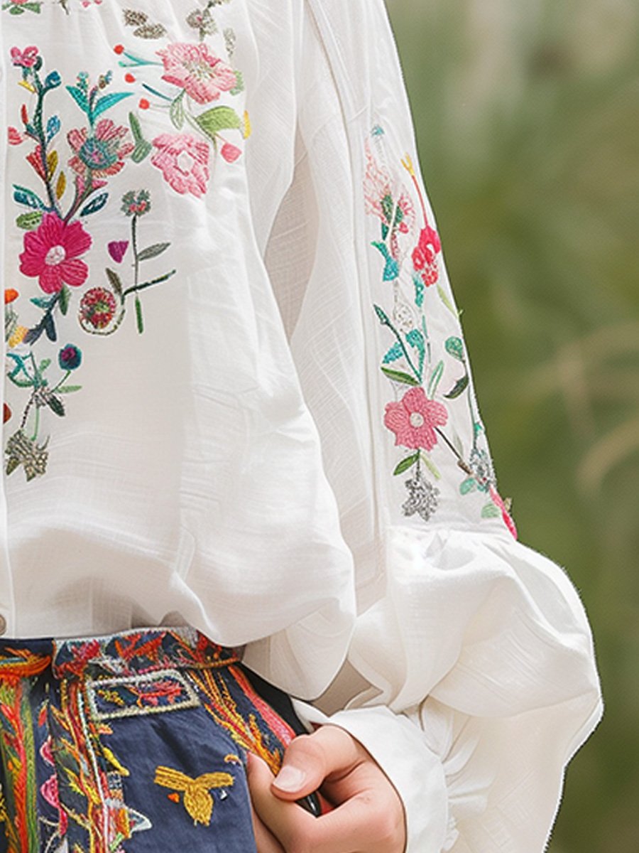 The Anya™ | Artisan Floral Embroidered Linen Shirt