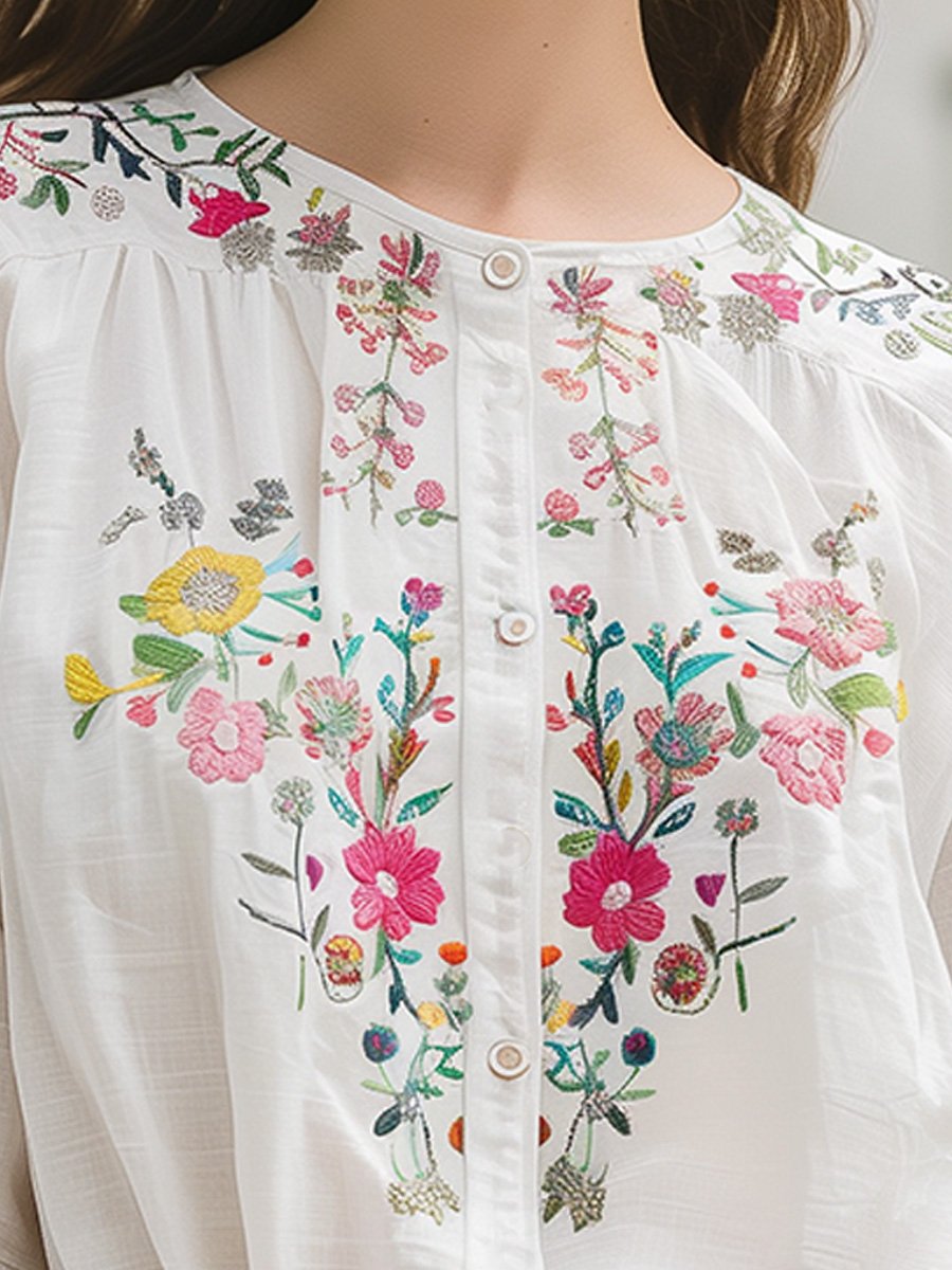 The Anya™ | Artisan Floral Embroidered Linen Shirt