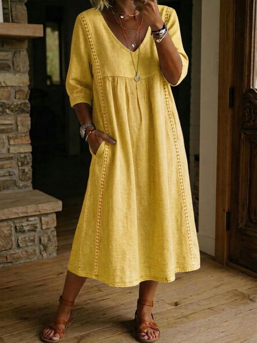 The Clara™| Loose-Fitting Lace Linen-Cotton Dress