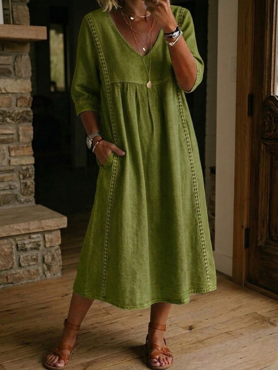 The Clara™| Loose-Fitting Lace Linen-Cotton Dress