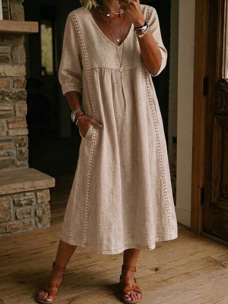 The Clara™| Loose-Fitting Lace Linen-Cotton Dress