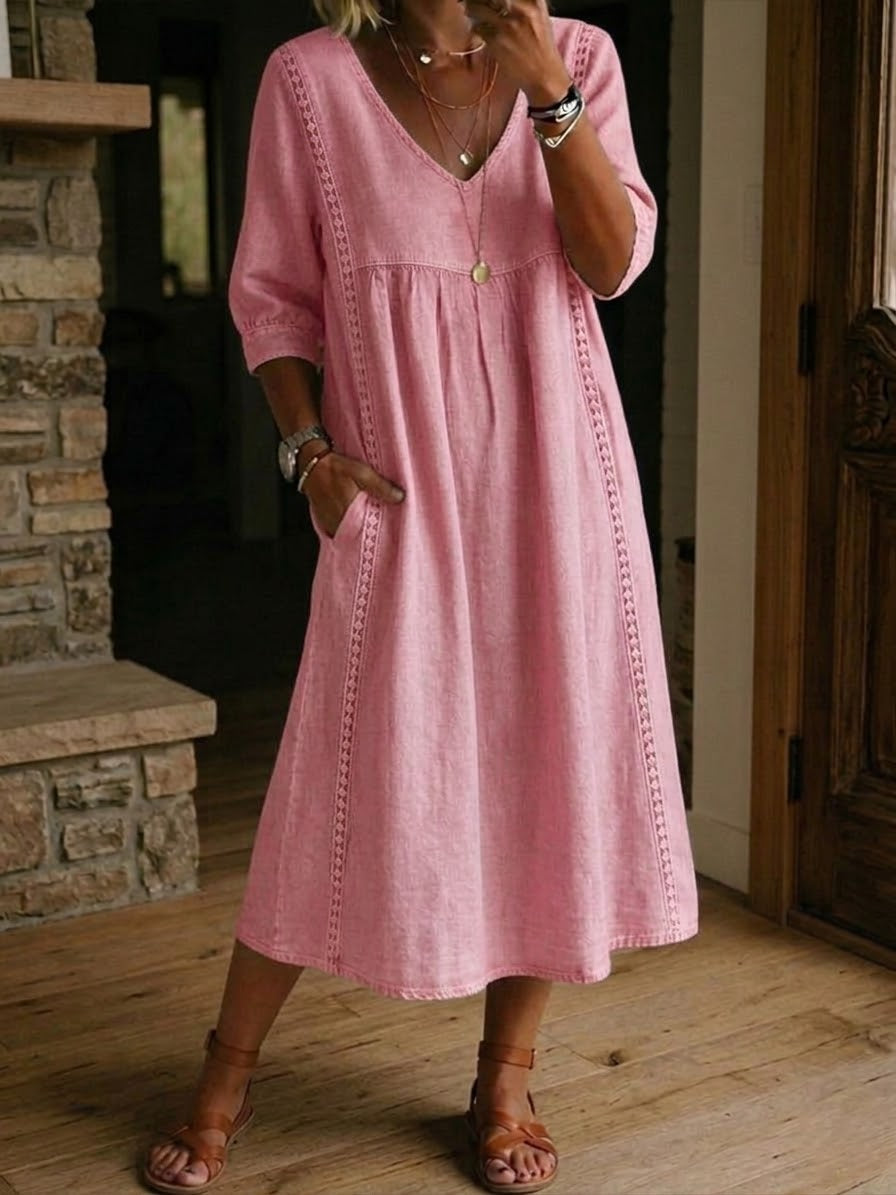 The Clara™| Loose-Fitting Lace Linen-Cotton Dress