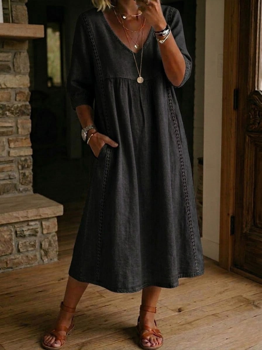 The Clara™| Loose-Fitting Lace Linen-Cotton Dress