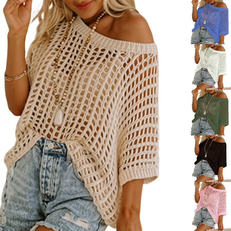 Apricot Fishnet Knit Ribbed Round Neck Short Sleeve Tee
