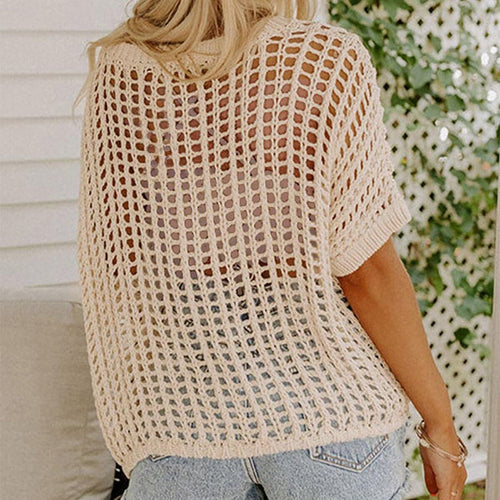 Apricot Fishnet Knit Ribbed Round Neck Short Sleeve Tee