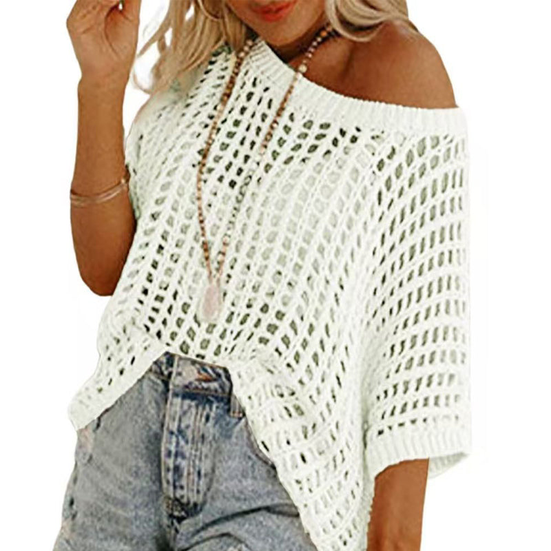 Apricot Fishnet Knit Ribbed Round Neck Short Sleeve Tee
