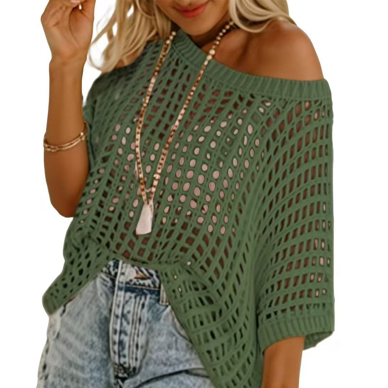 Apricot Fishnet Knit Ribbed Round Neck Short Sleeve Tee