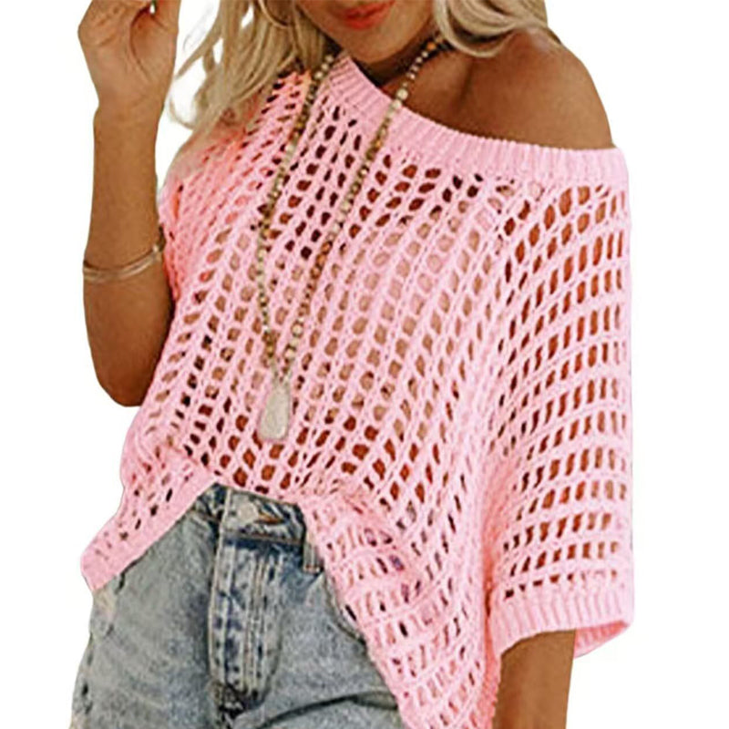 Apricot Fishnet Knit Ribbed Round Neck Short Sleeve Tee