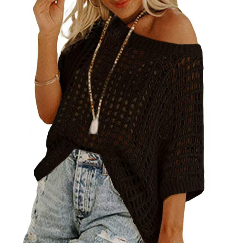 Apricot Fishnet Knit Ribbed Round Neck Short Sleeve Tee